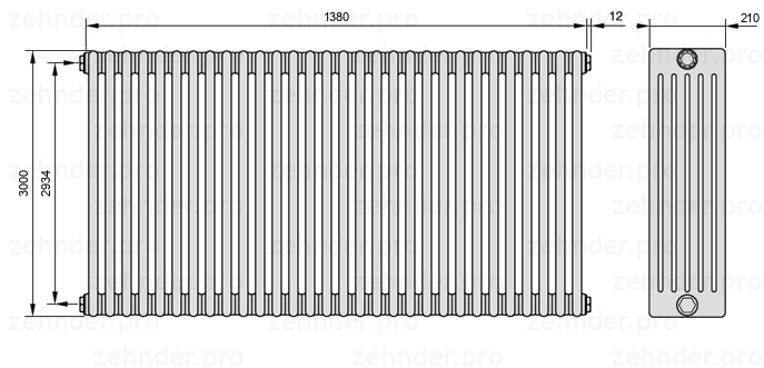 Схема (чертеж) Радиатор Zehnder Charleston 6300/30 №1270 Белый глянцевый RAL 9016